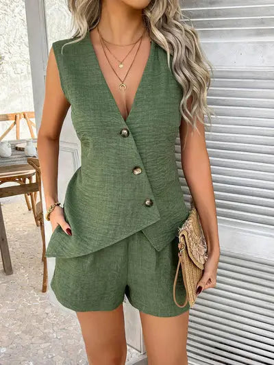 SHEIN Clasi 2pcs Women's Solid Color Simple Casual Sleeveless Vest And Shorts Set Orange Preference