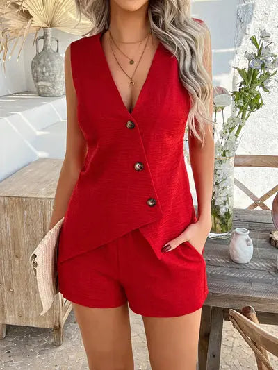 SHEIN Clasi 2pcs Women's Solid Color Simple Casual Sleeveless Vest And Shorts Set Orange Preference