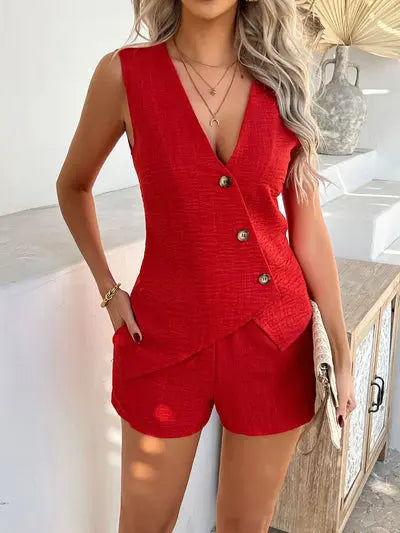 SHEIN Clasi 2pcs Women's Solid Color Simple Casual Sleeveless Vest And Shorts Set Orange Preference