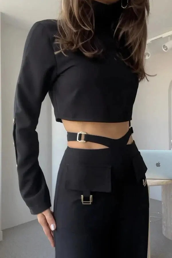 Solid color crossover two-piece set with high collar and long sleeves Orange Preference