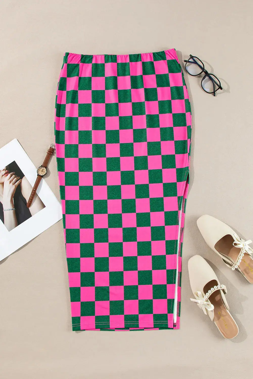 Bold Checkered Midi Skirt Orange Preference