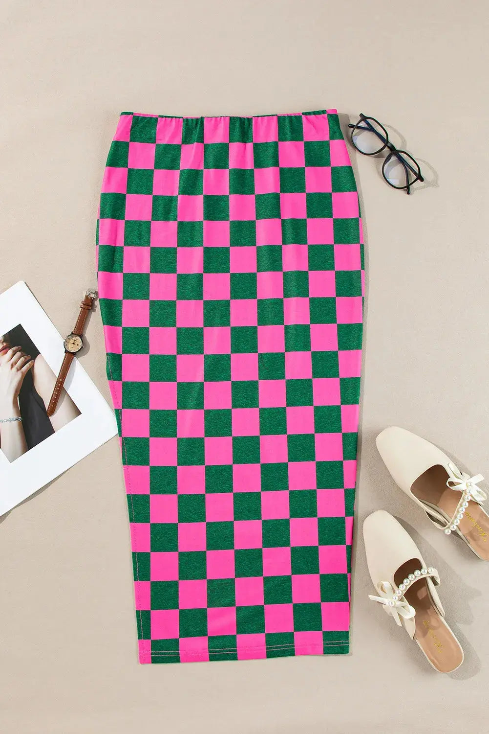 Bold Checkered Midi Skirt Orange Preference