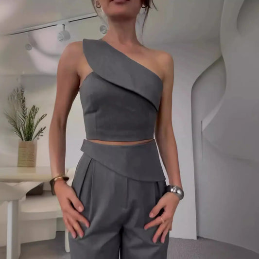 Slant collar halter neck straight pants suit Orange Preference