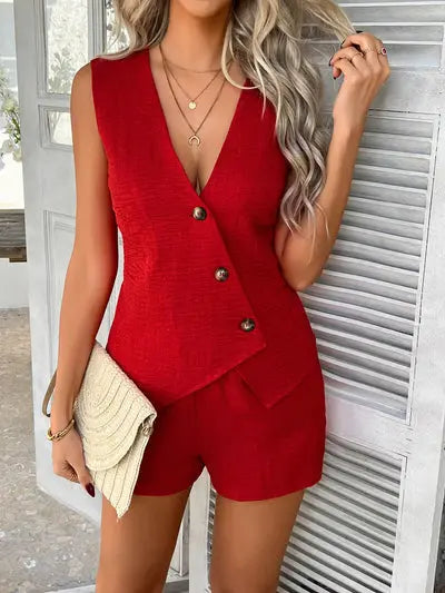 SHEIN Clasi 2pcs Women's Solid Color Simple Casual Sleeveless Vest And Shorts Set Orange Preference