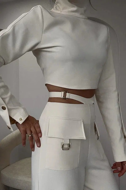 Solid color crossover two-piece set with high collar and long sleeves Orange Preference