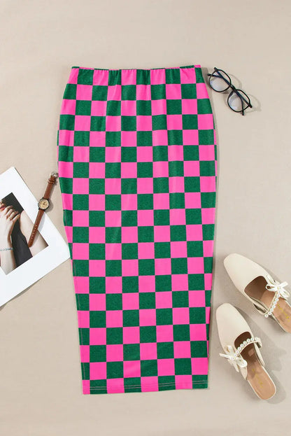 Bold Checkered Midi Skirt Orange Preference