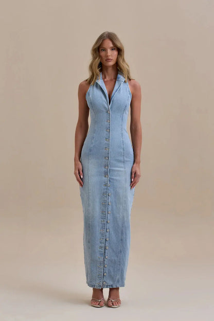 Stylish Denim Maxi Dress Orange Preference