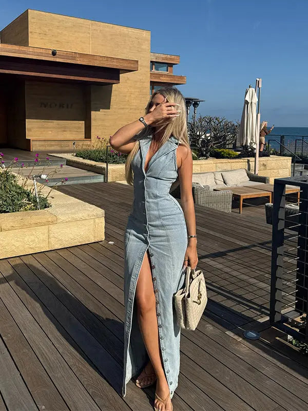 Stylish Denim Maxi Dress Orange Preference